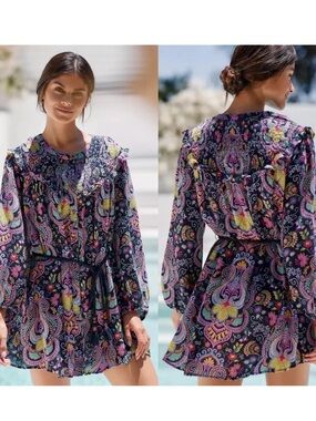 Anthropologie Paisley Mini Dress - Black with Purple & Pink Accents